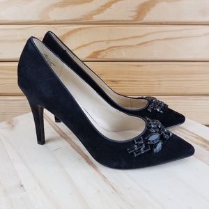 Nine West Women's 6.5M Heels "TOPITOFFO" Black Suede/Leather Pumps Shoes Jeweled